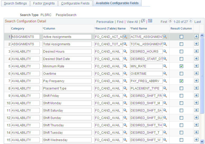 Available Configurable Fields page