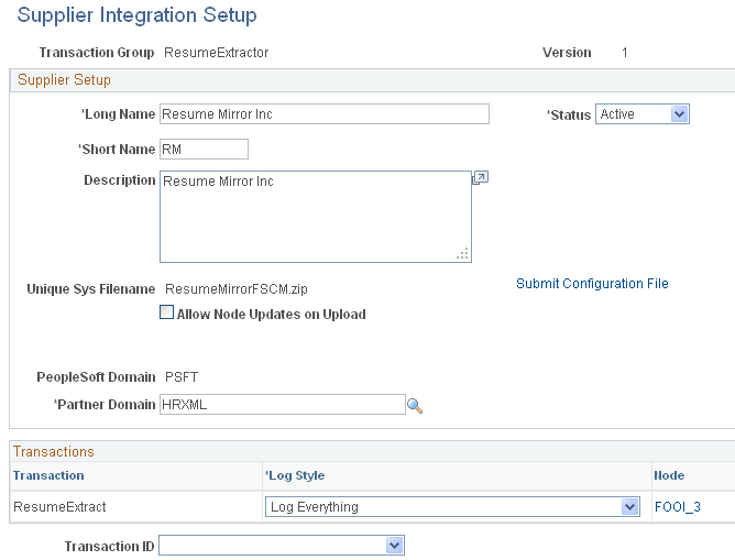 Supplier Integration Setup page