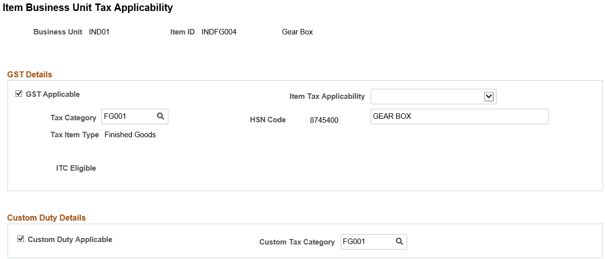 Item Business Unit Tax Applicability