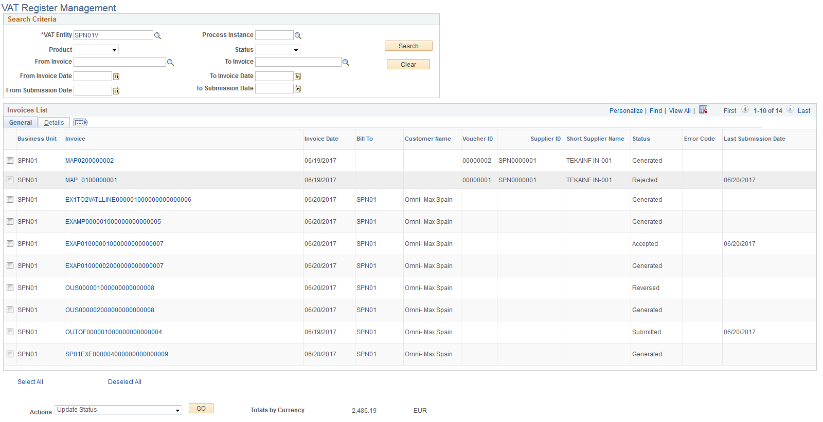 VAT Register Management page