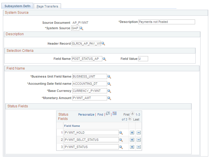 Subsystem Definition page