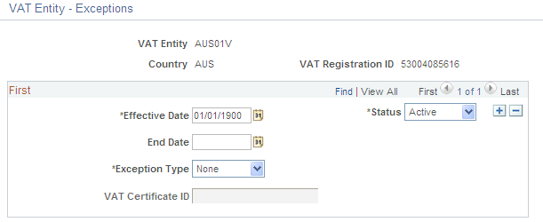 VAT Entity - Exceptions page