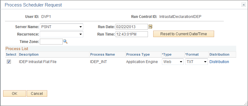 Example of Process Scheduler request showing IDEP Intrastat Flat File selected.