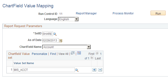 Regulatory Ledger Reports - Chartfield Value Mapping page