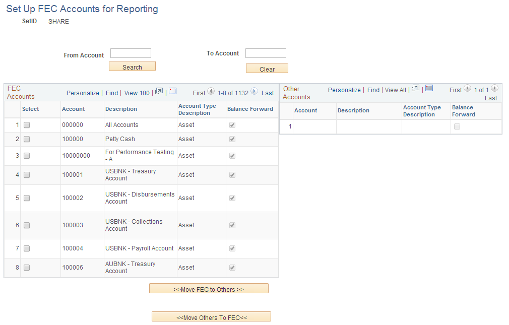 Set Up FEC Accounts for Reporting page