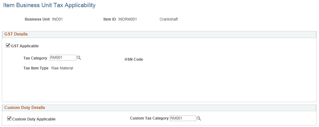 Item Business Unit Tax Applicability(GST)