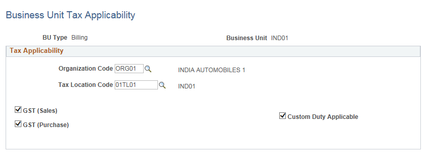 Business Unit Tax Applicability(GST)