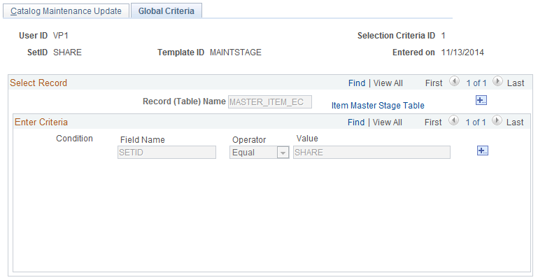 Catalog Maintenance Update - Global Criteria page