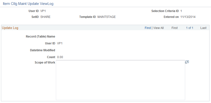 Item Ctlg Maint Update ViewLog page