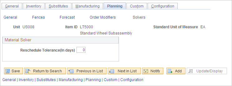 Define Business Unit Item Planning Solvers page