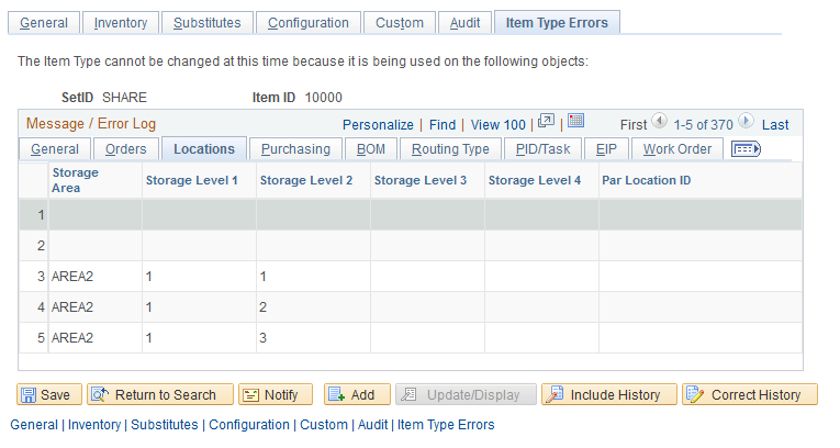 The Locations tab of the Item Type Errors page