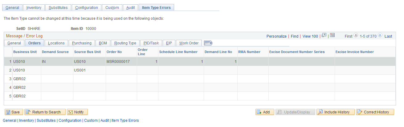 The Orders tab of the Item Type Errors page