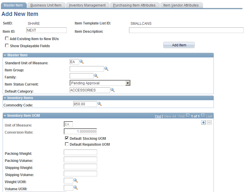 The Item Add-Master Item page (partial)