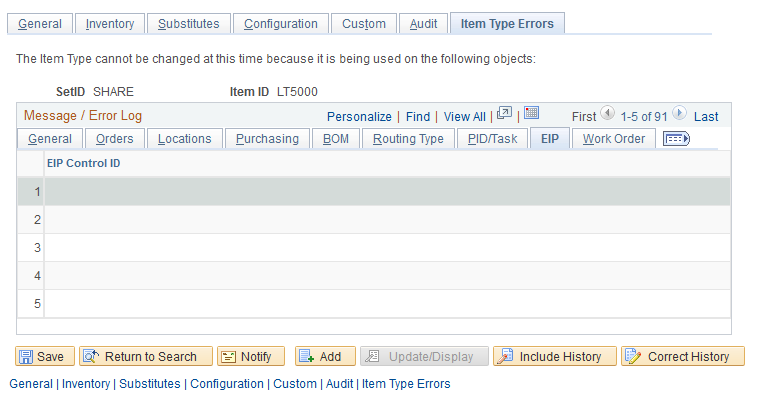 The EIP tab of the Item Type Errors page