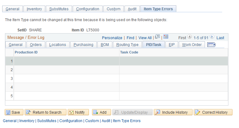 The PID/Task tab of the Item Type Errors page