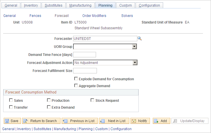 Define Business Unit Item - Planning: Forecast page