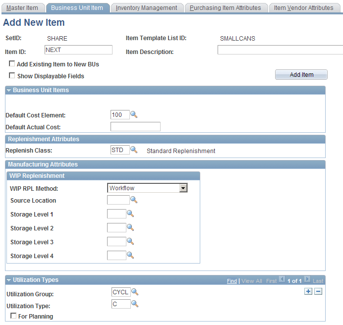 Item Add - Business Unit Item page (partial)