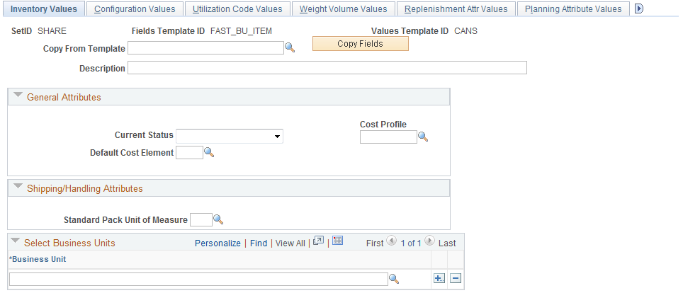 The Inventory Values page within the Business Unit Item Value Group
