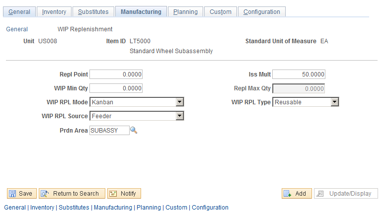 Define Business Unit Item - Manufacturing: WIP Replenishment page