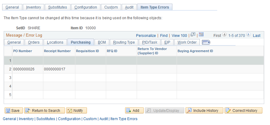 The Purchasing tab of the Item Type Errors page