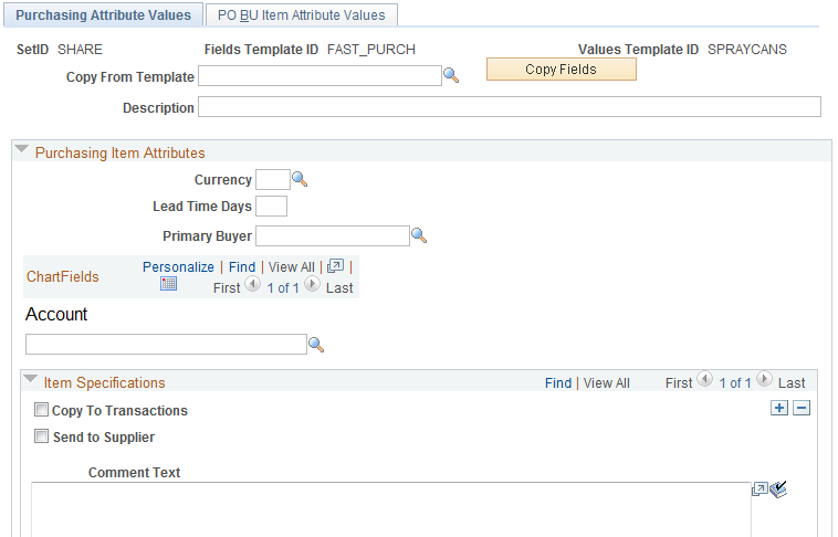 The Purchasing Attribute Values page within the Purchasing Item Attributes Value Group (partial)