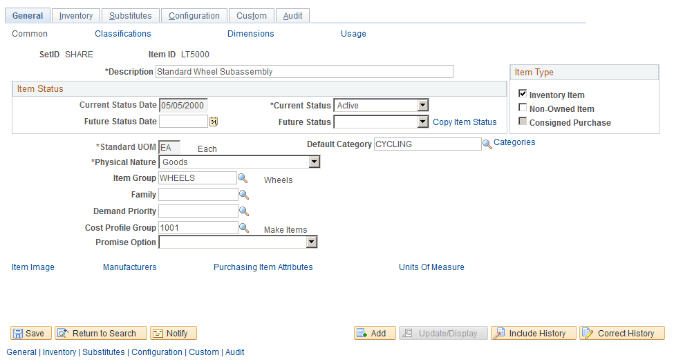 The Define Item - General: Common page