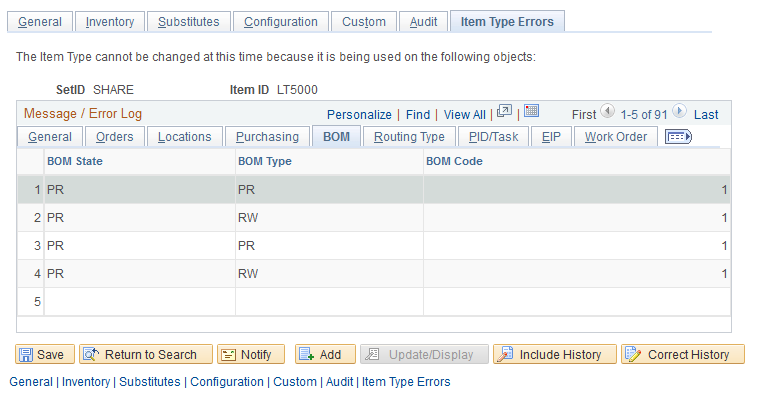 The BOM tab of the Item Type Errors page