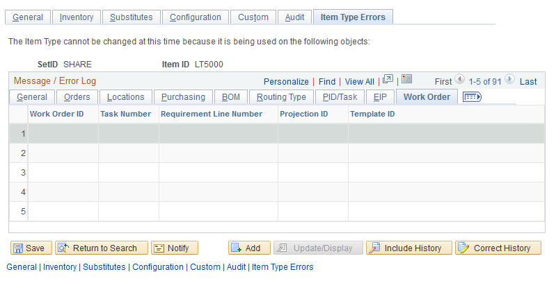 The Work Order tab of the Item Type Errors page