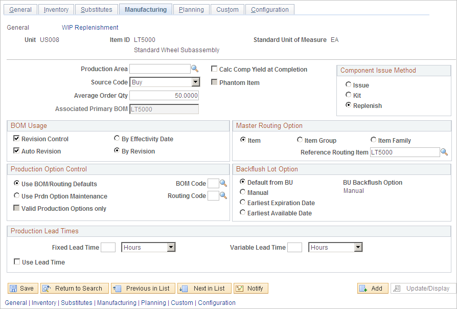 Define Business Unit Item - Manufacturing: General page