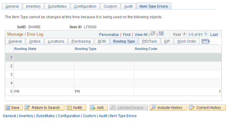 The Routing Type tab of the Item Type Errors page