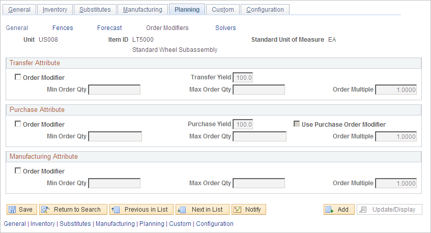 Define Business Unit Item - Planning: Order Modifiers page