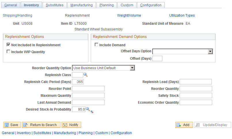 Define Business Unit Item - Inventory: Replenishment page