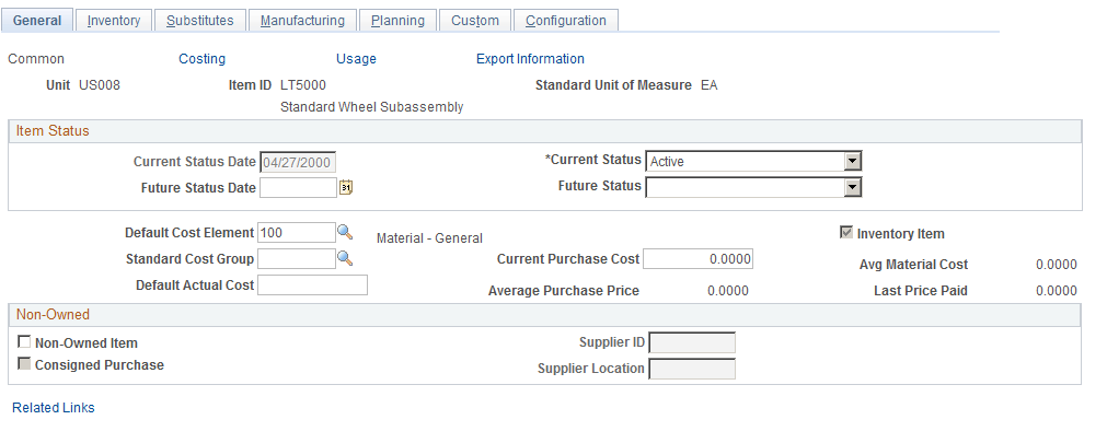 Define Business Unit Item - General: Common page