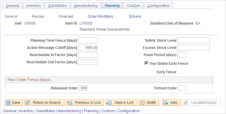 Define Business Unit Item - Planning: Fences page