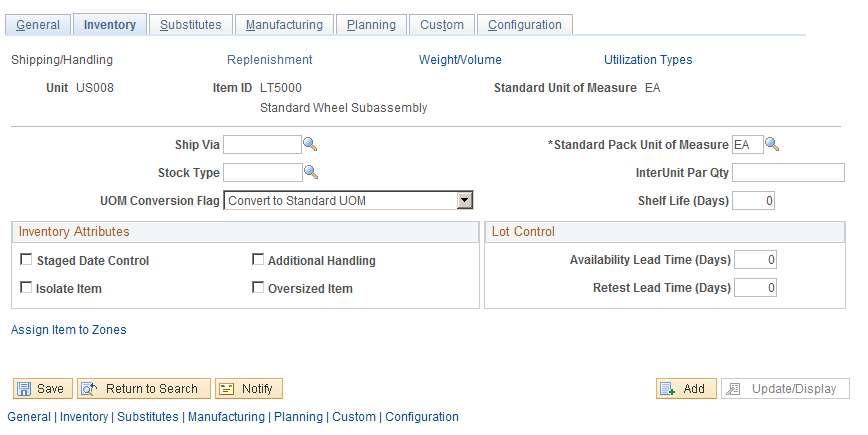 Define Business Unit Item - Inventory: Shipping/Handling page