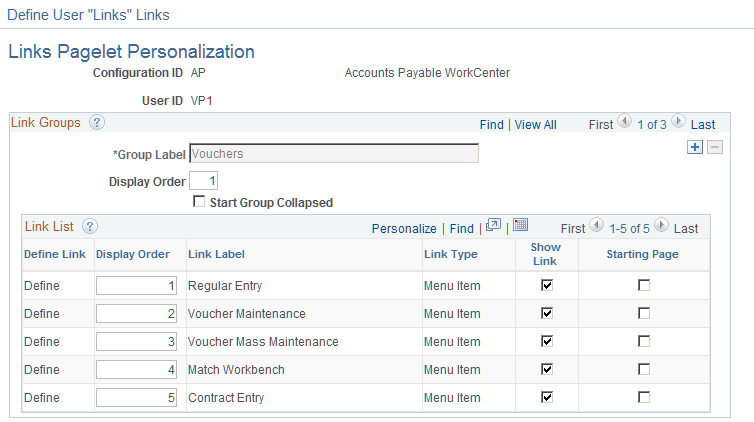 Define User Links Links - Links Pagelet Personalization page