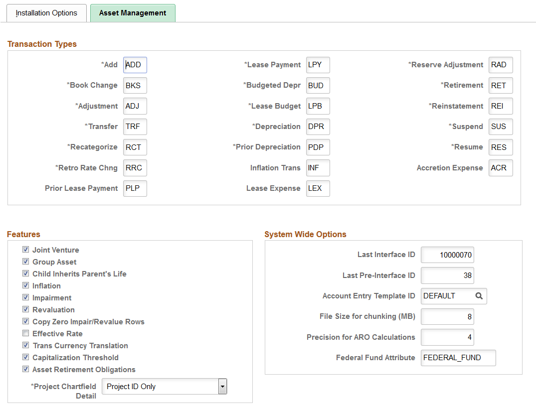 Installation Options - Asset Management page (1 of 2)