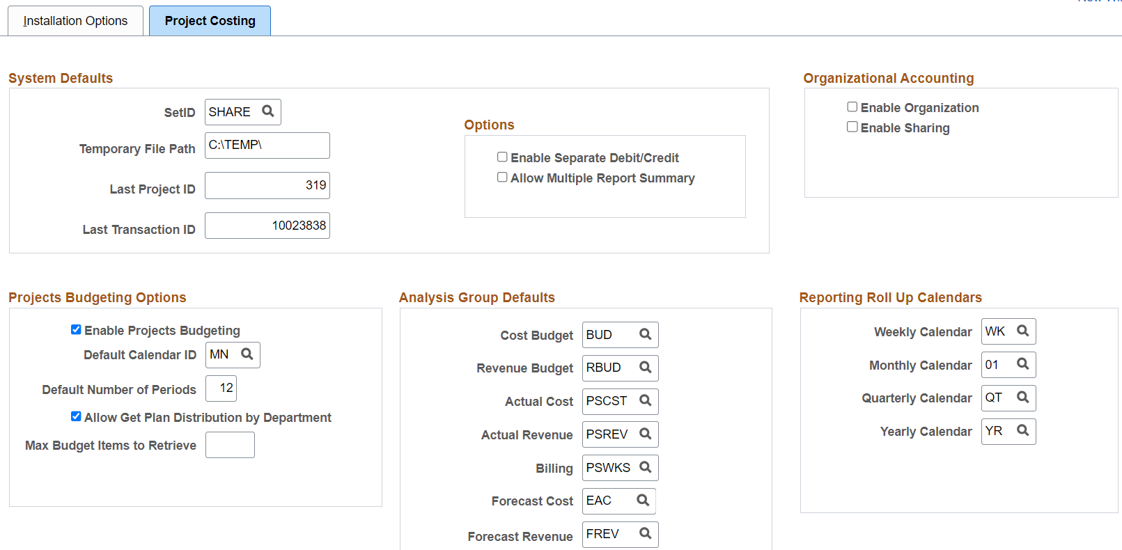 Installation Options - Project Costing Page (1 of 2)