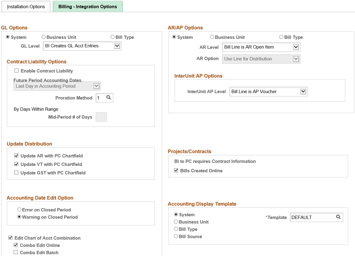 Installation Options Billing Integration Options Page