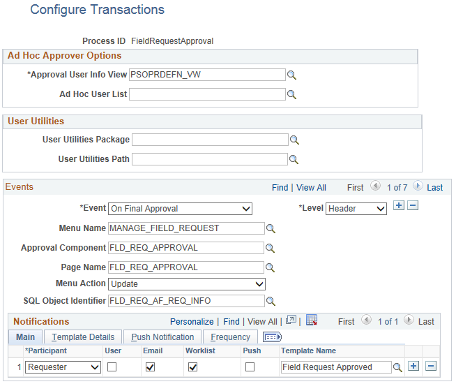 Configure Transactions page (FieldRequestApproval)