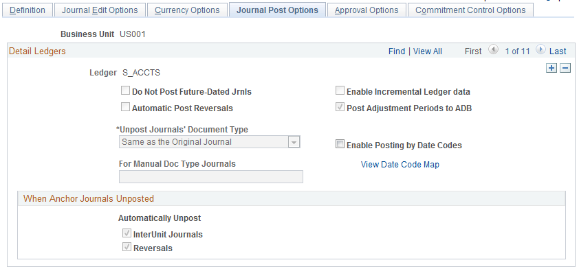Ledgers for a Unit - Journal Post Options page