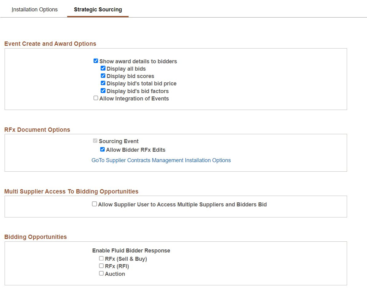 Installation Options - Sourcing Installation Options page (1 of 2)