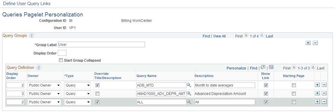 Define User Query Links- Queries Pagelet Personalization page