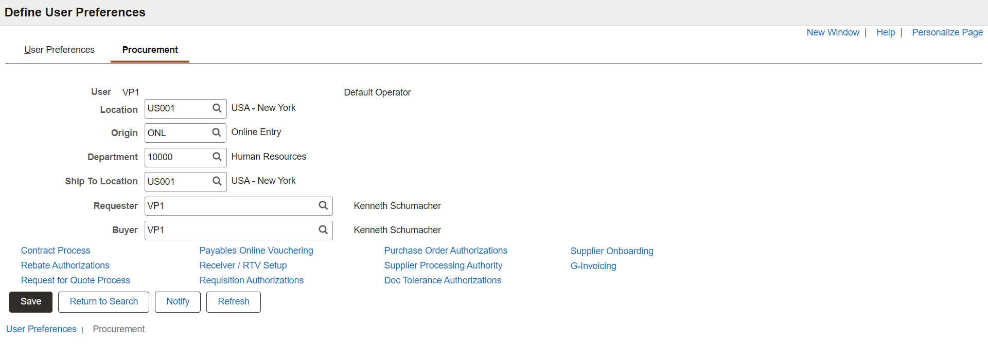 User Preferences - Procurement Page