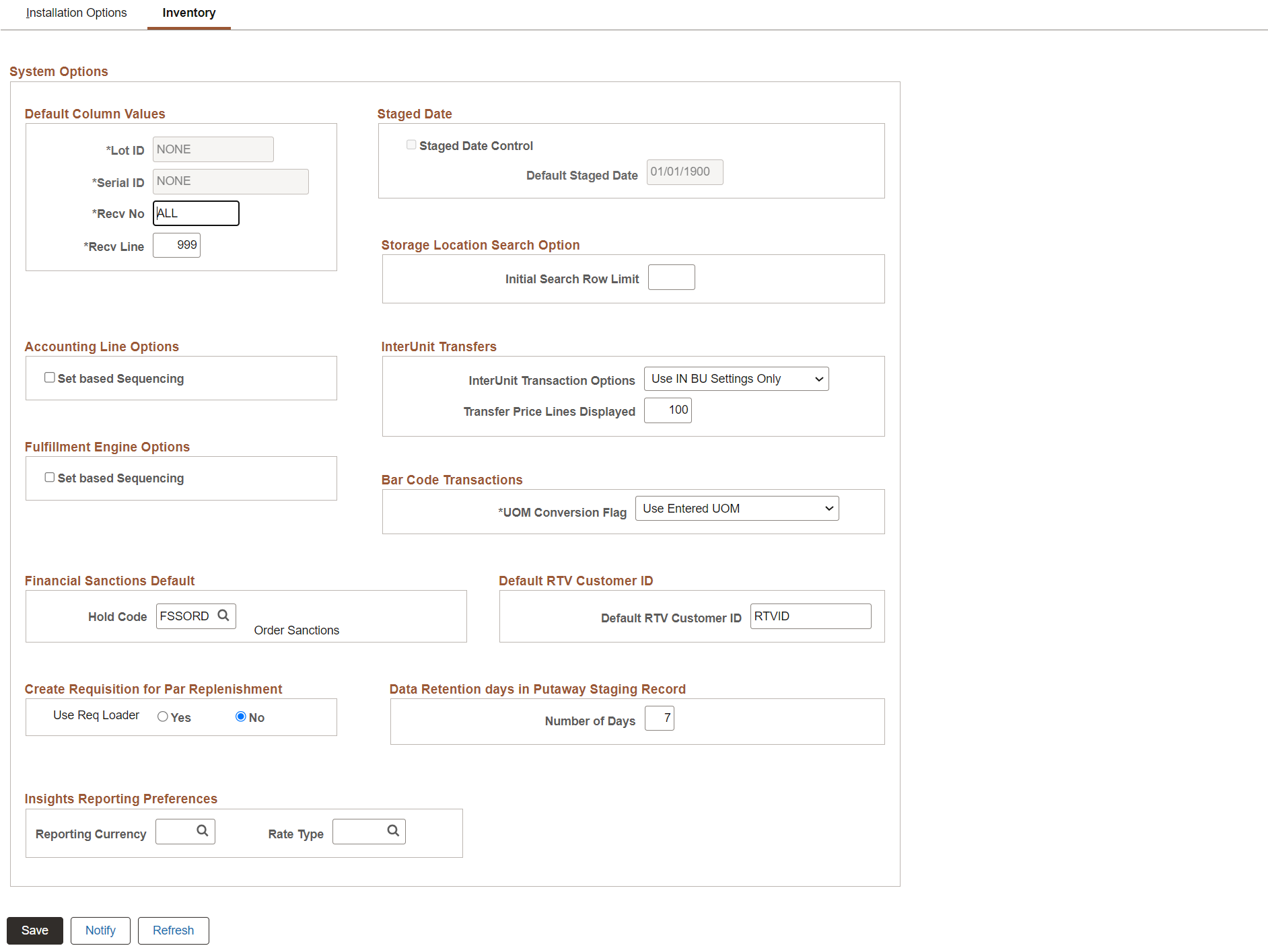 Installation Options Inventory