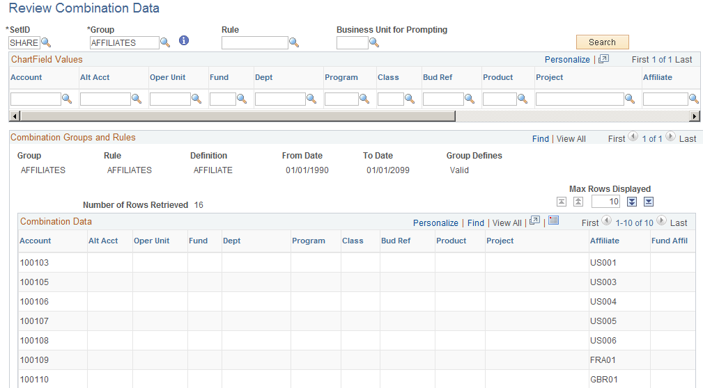 Review Combination Data page