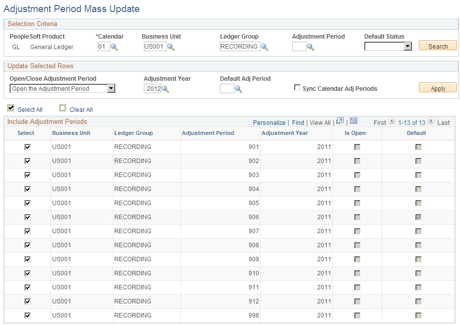 Adjustment Period Mass Update page