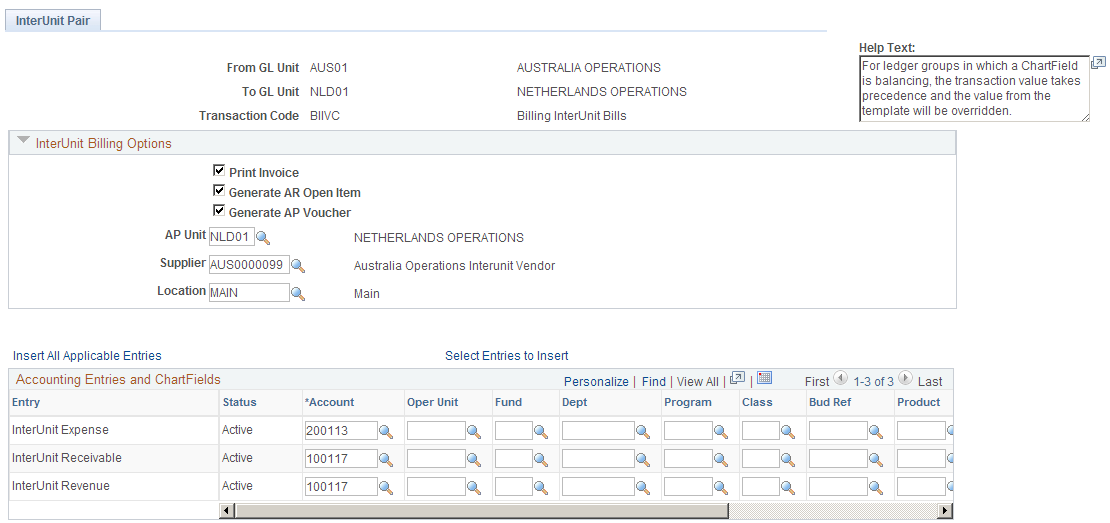 InterUnit Pair page - InterUnit Billing Options