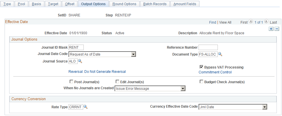 Define Allocation Step - Output Options page