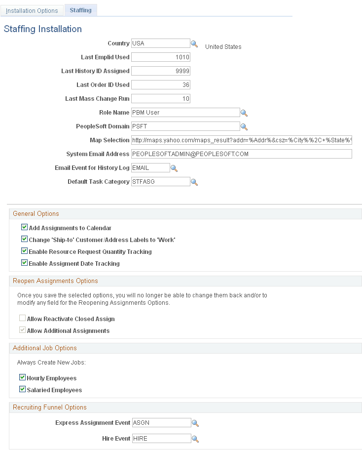 Staffing Installation page (1 of 2)